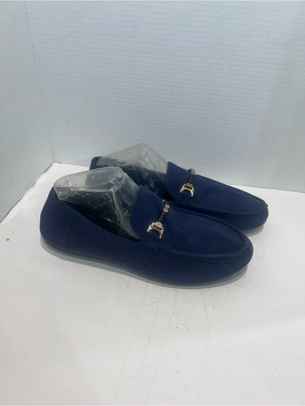 Unlisted Navy Suede Slip-On Loafers with Gold Bit